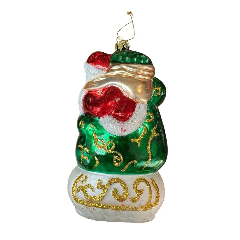 Santa’s Best Blown Glass Ornament Santa In Sleigh With Bag Of Toys 3D Colorful